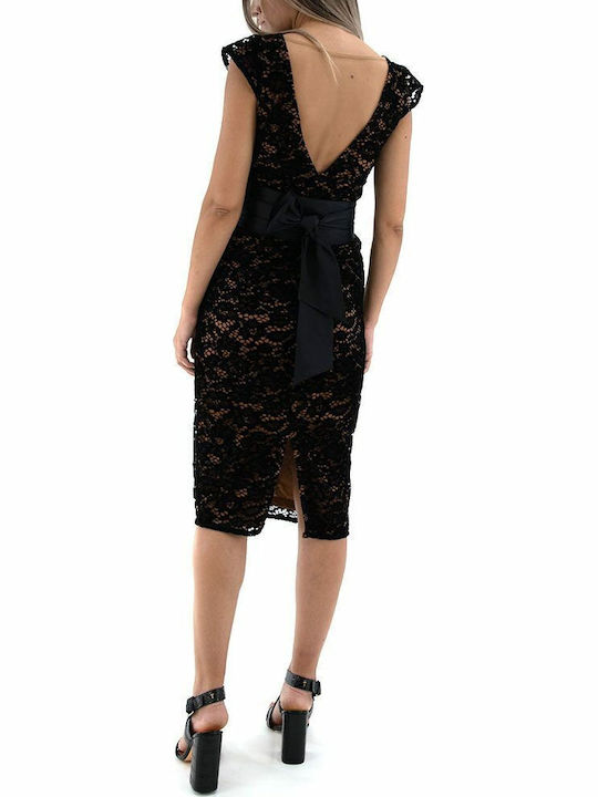 Summer Midi Evening Dress Open Back with Lace Black
