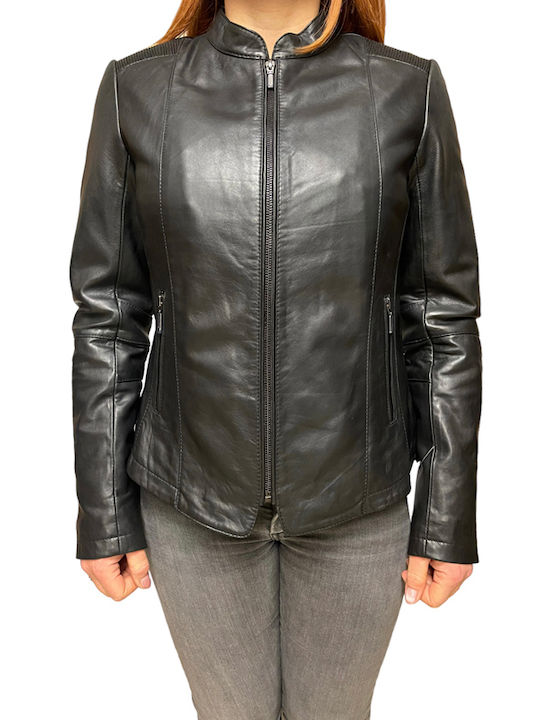 MARKOS LEATHER Women's Short Biker Leather Jacket for Winter Black