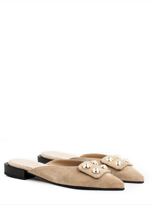 Wall Street Flat Piele Mules Beige