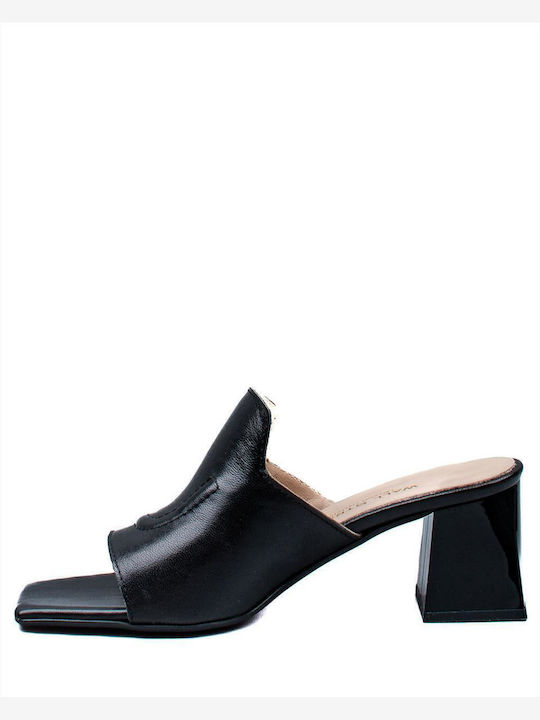Leather Mules with Chunky High Heel in Black Color
