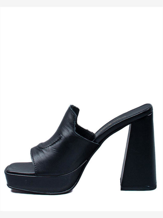 Wall Street Chunky Heel Leather Mules Black