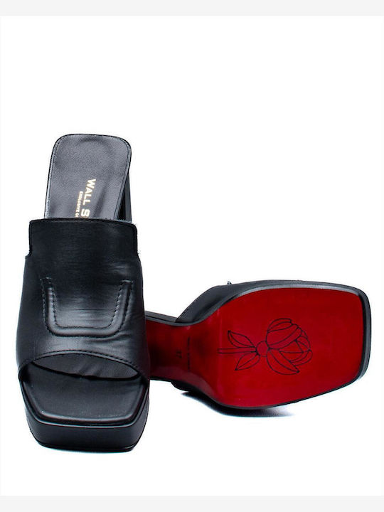Leather Mules with Chunky High Heel in Black Color