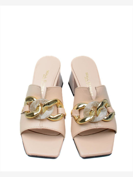 Leather Mules with Chunky High Heel in Beige Color