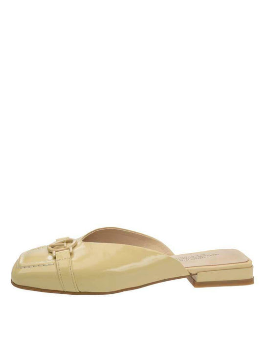 Chunky Heel Leather Mules Beige