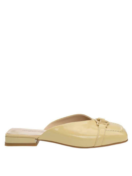 Chunky Heel Leather Mules Beige