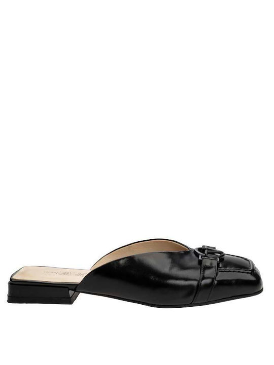 Leather Women's Mules with Chunky High Heel in Black Color