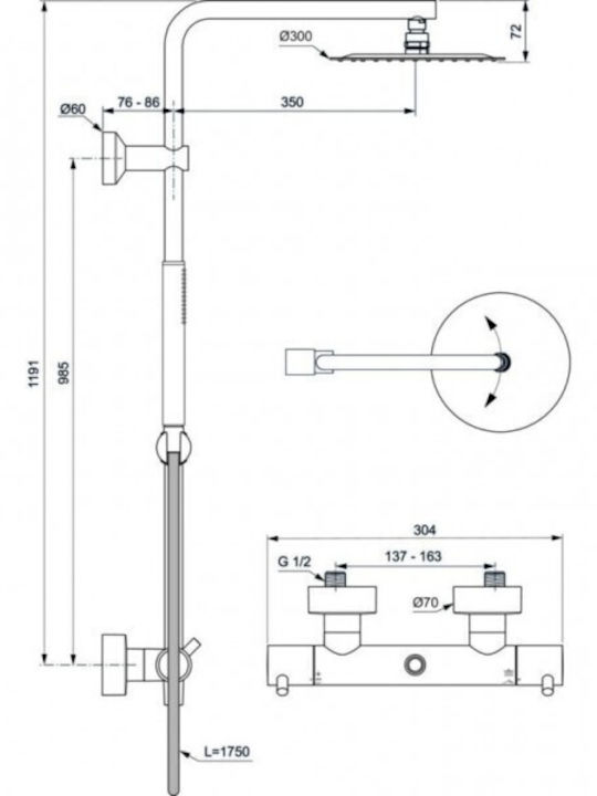 Ideal Standard Ceratherm T125 Στήλη Ντουζ με Μπαταρία Μαύρη