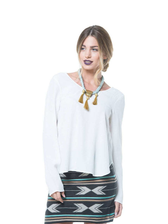 Minkpink Women's Blouse Long Sleeve with V Neckline White