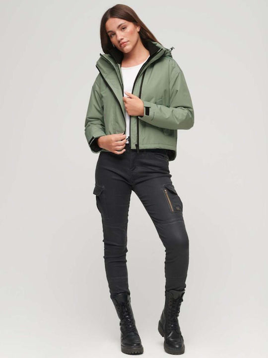 Superdry Code Windcheater Women's Short Puffer Jacket Windproof for Spring or Autumn with Hood Green