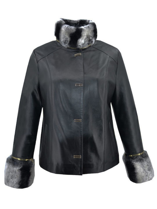 Δερμάτινα 100 Women's Short Lifestyle Leather Jacket for Winter Black