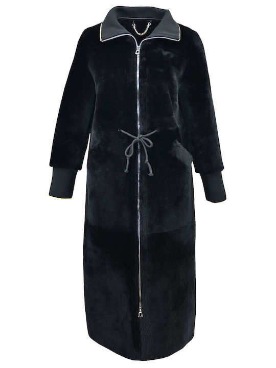 Δερμάτινα 100 Women's Mouton Midi Coat with Zipper Black