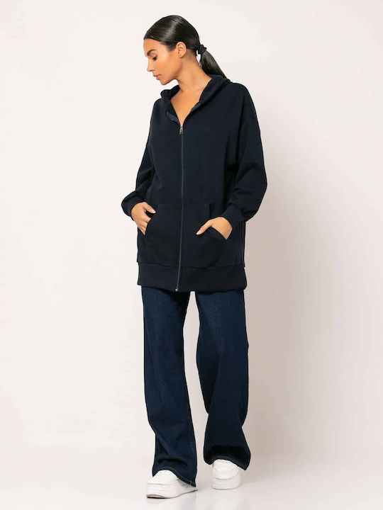 Lang Damen Sweatshirtjacke Kapuzen Navy