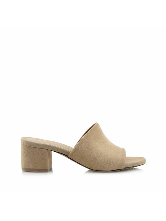 Aris Tsoubos Leder Mules mit Chunky Hoch Absatz in Beige Farbe