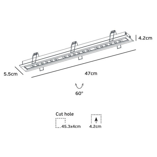 VK Lighting LED Комерсиално Линейно Осветление Вградено Светило Таван Топло бяло IP20 Ш47xД5.5см.