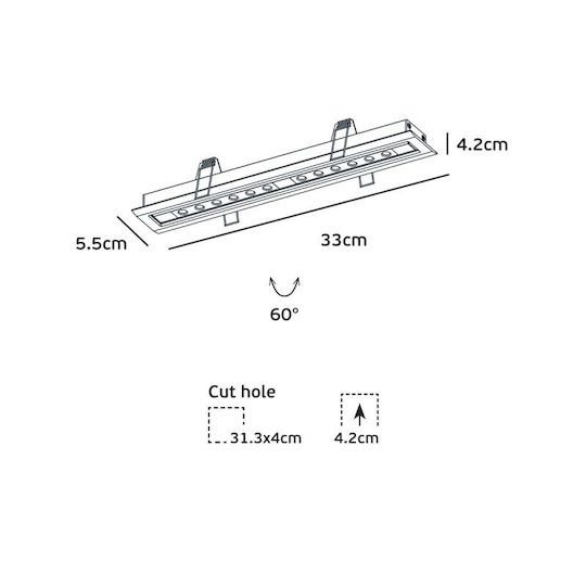 VK Lighting Commercial Linear Recessed LED Ceiling Light Warm White IP20 L33xD5.5cm