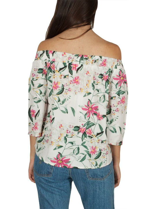 Γυναικεία Μπλούζα Off-Shoulder με Μανίκι 3/4 Floral Λευκό.