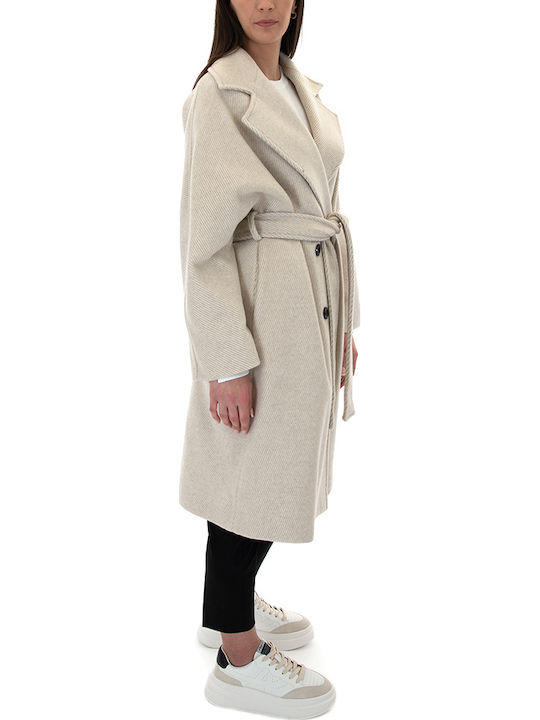 Μάλλινο Γυναικείο Μπεζ Παλτό Oversized με Ζώνη