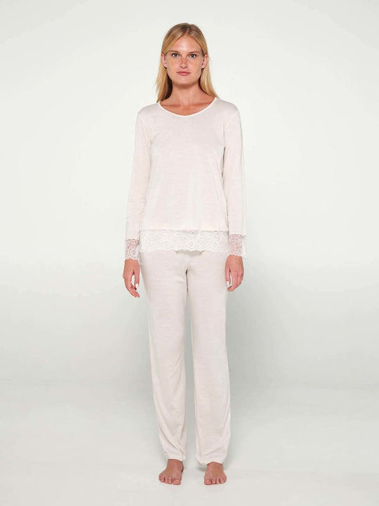 Vamp Winter Damen Baumwolle Pyjama-Oberteil Beige