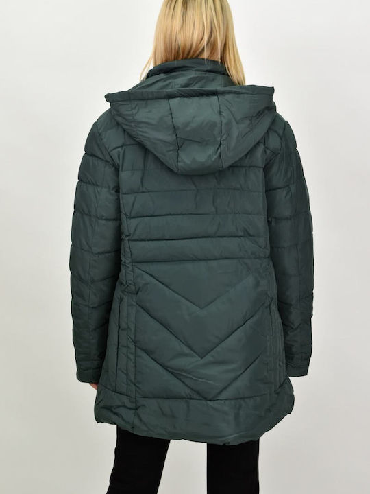 Potre Women's Short Puffer Jacket for Winter with Hood Πετρόλ