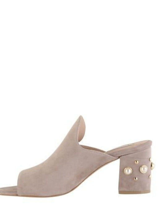 Suede Mules with Chunky High Heel Pearl Taupe