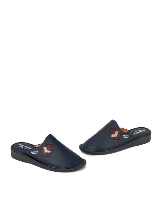Leather Winter Women's Slippers Navy Blue