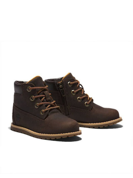 Pokey Leather Kids Boots with Laces Brown