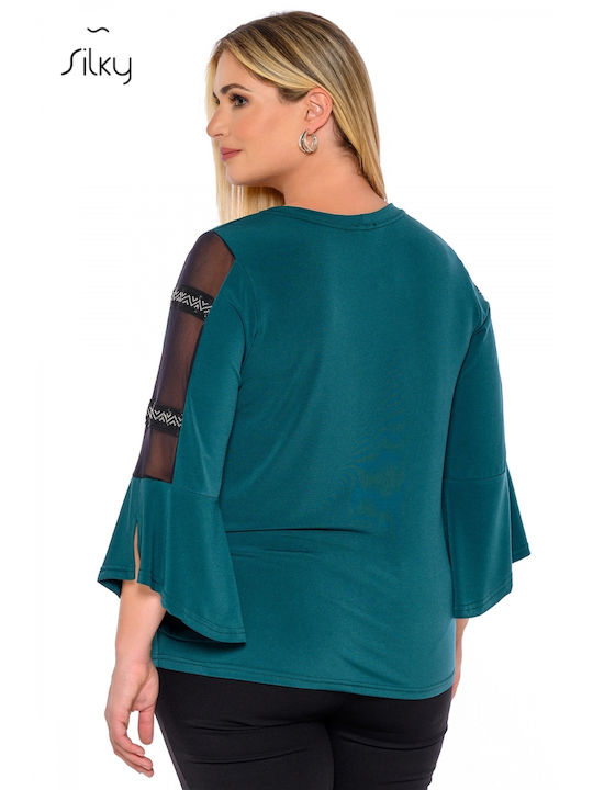 Silky Collection Women's Blouse with 3/4 Sleeve Green