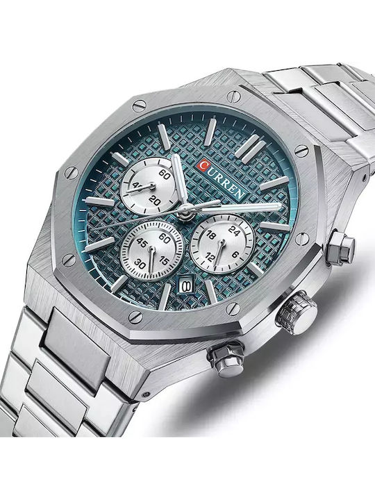 Curren Ανδρικό Ρολόι 43mm Χρονογράφος Μπαταρίας με Μεταλλικό Μπρασελέ Silver Blue