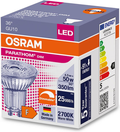 Ledvance LED Bulb 4.5W for Socket GU10 and Shape PAR16 Warm White 350lm Dimmable