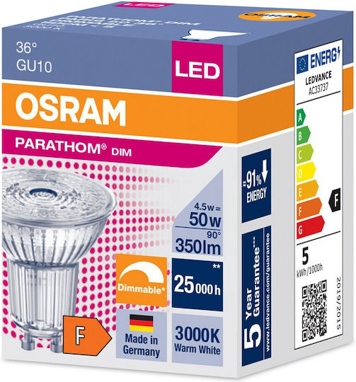 Ledvance LED-Lampe 4.5W für Fassung GU10 und Form PAR16 Warmes Weiß Dimmbar