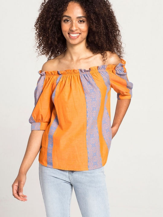 Matis Fashion pentru Femei Crop Top din Bumbac cu Mâneci Scurte Cu dungi orange