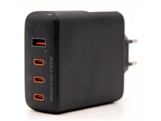 Aukey Ladegerät ohne Kabel GaN mit USB-A Anschluss und 3 USB-C Anschlüsse 100W Stromlieferung Schwarzs (PA-B7S)
