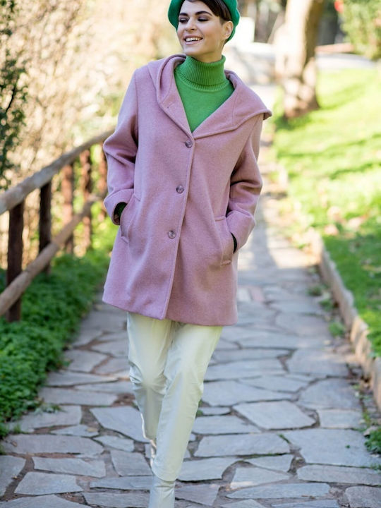 Matis Fashion Γυναικείο Ροζ Παλτό με Κουκούλα