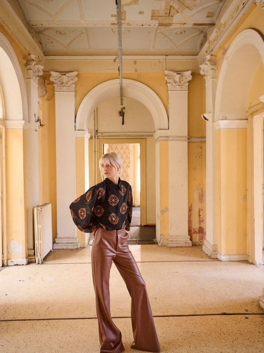 Matis Fashion Γυναικείο Ψηλόμεσο Δερμάτινο Παντελόνι Καμπάνα σε Κανονική Εφαρμογή Ταμπά