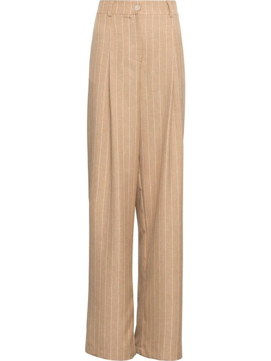 Damen Stoff Hose Gestreift Beige
