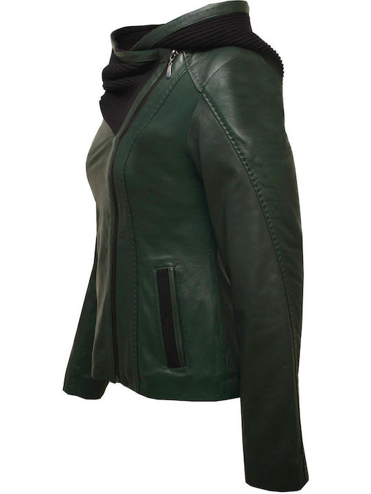 Dermatina 100 Women's Short Lifestyle Leather Jacket for Winter with Hood Green (Green)