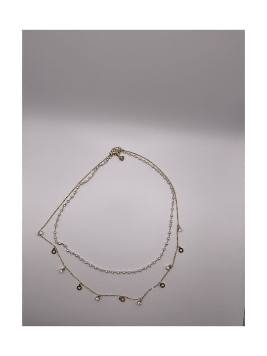 Necklace Double from Gold Plated Steel with Pearls