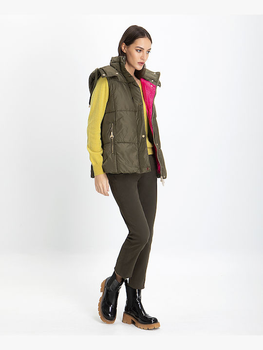 In Linea Firenze Women's Short Puffer Jacket for Winter with Hood Πράσινο Ανοιχτό