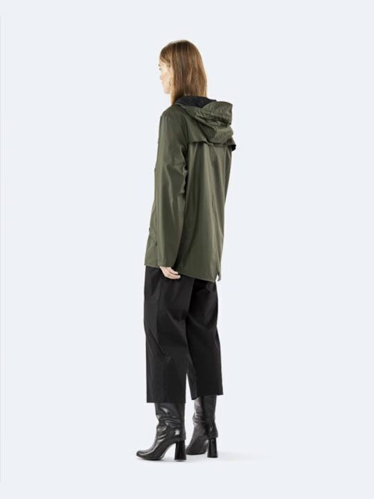 Rains Women's Short Puffer Jacket Waterproof for Winter with Hood Green.