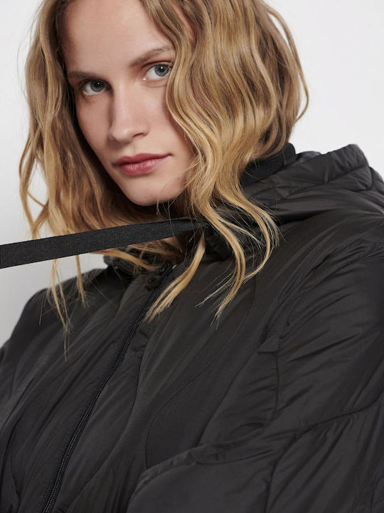Women's Short Puffer Jacket for Winter with Detachable Hood Black