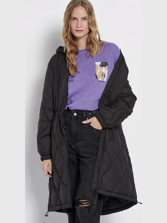 Women's Short Puffer Jacket for Winter with Detachable Hood Black