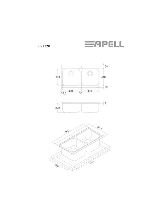 Apell Iris Ένθετος Νεροχύτης Inox Σατινέ Μ89.7xΠ51cm Ασημί