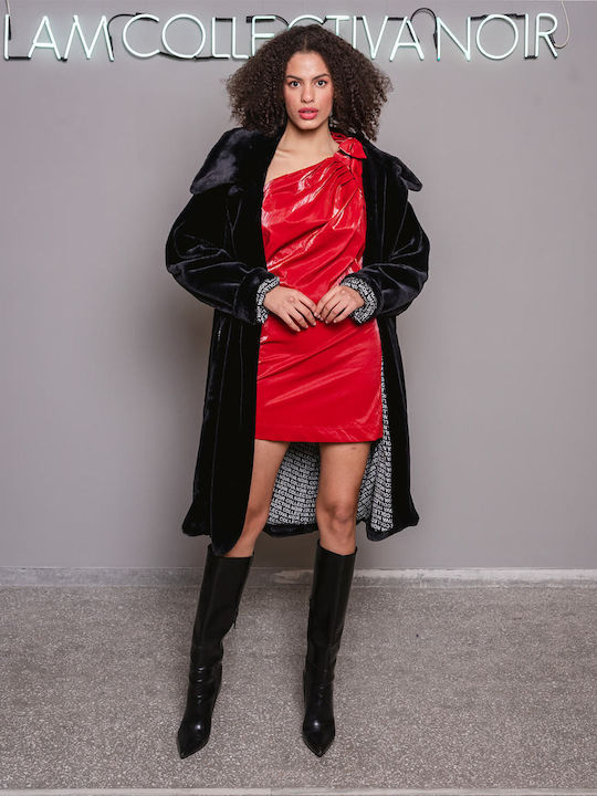 Collectiva Noir Mini Dress Leather with Slit RED