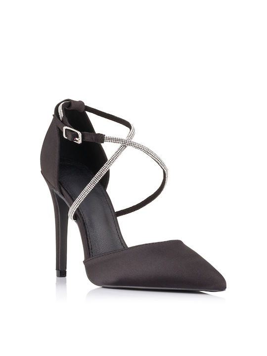 Plato Pointed Toe Black Heels with Strap