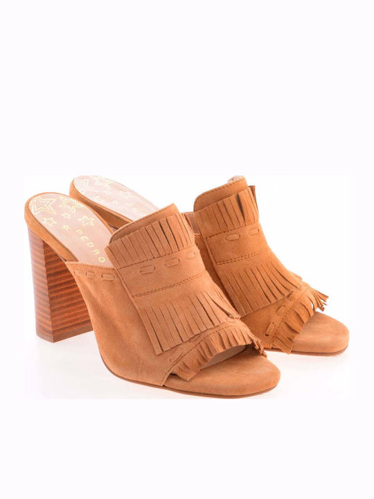 Leather Mules with Chunky High Heel in Tabac Brown Color