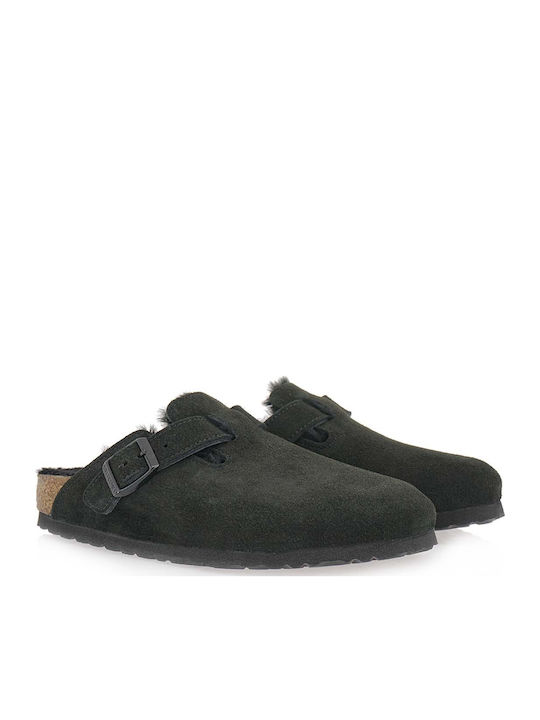 Boston Shearling Suede Winter Women's Slippers with Fur Black Narrow Fit