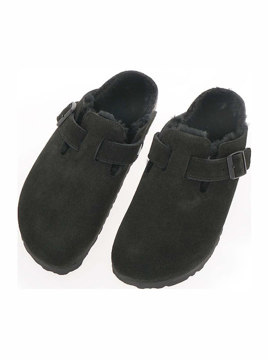 Boston Shearling Suede Winter Women's Slippers with Fur Black Narrow Fit
