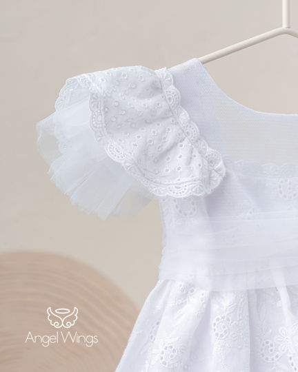 Angel Wings White Lace Baptism Outfit with Hair Accessories & Dress