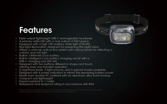 NiteCore Headlamp LED IP66 with Maximum Brightness 550lm Nu31 Gray