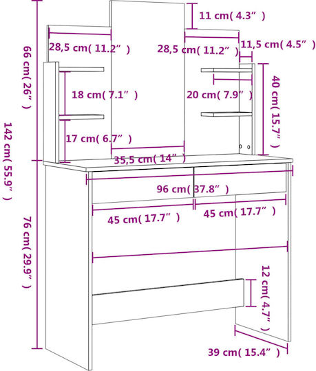 Bodenstehende Schminktisch Schlafzimmer Holz Grau mit Spiegel 96x39x142cm